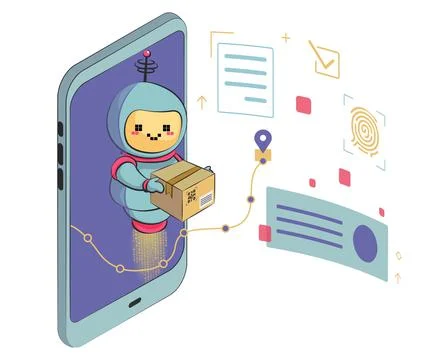 Chatbot isolated on white background. The bot holds the box and helps in deli Stock Illustration