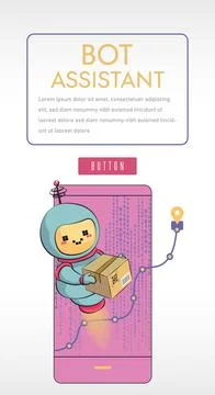 Chatbot isolated on white background. The bot holds the box and helps in deli Stock Illustration