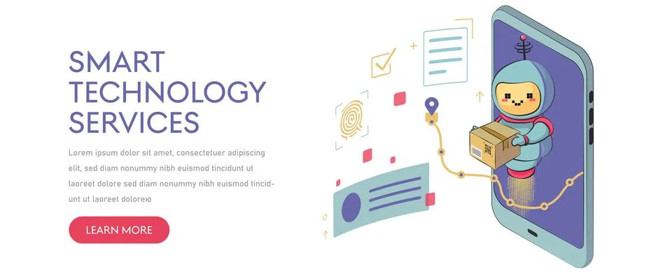 Chatbot isolated on white background. The bot holds the box and helps in deli Stock Illustration