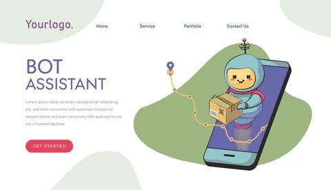 Chatbot isolated on white background. The bot holds the box and helps in deli Stock Illustration