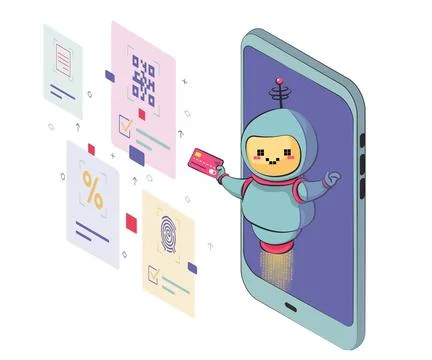 Chatbot isolated on white. The bot is holding a credit card. The robot helps  Stock Illustration