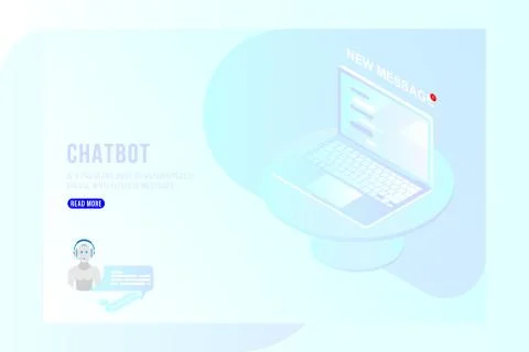 Chatbot Isometric concept with new messages and pop-up chatting on the laptop Stockillustratie