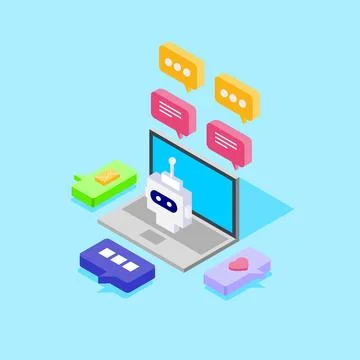 Chatbot on Laptop Isometric Vector Illustration Flat Design Stock Illustration