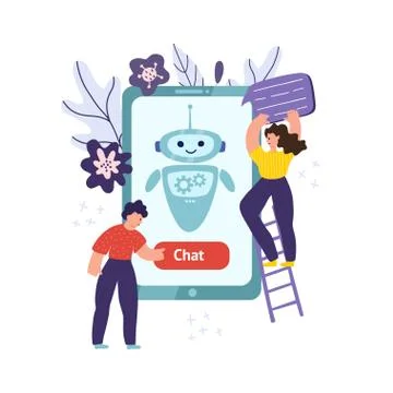 Chatbot mobile concept with man pushing the button and woman holding speech Stock Illustration