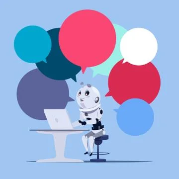 Chatbot Or Chatter App Cute Robot Use Laptop Computer Template Banner With 스톡 일러스트