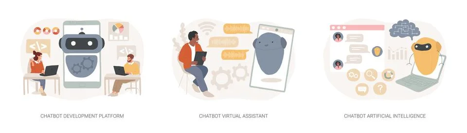 Chatbot programming isolated concept vector illustration set. Stock Illustration