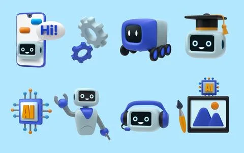 Chatbot robot. 3D android assistant. Mobile app. AI support character. Cogwheel Stock Illustration