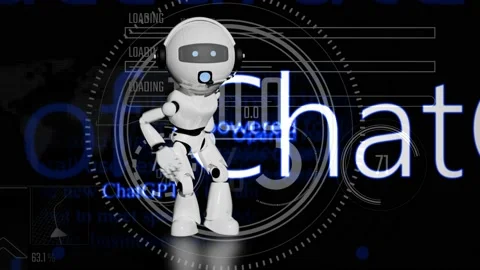 Chatbot robot dancing with hud interface background and animated text chatgp Stock Footage 233496923