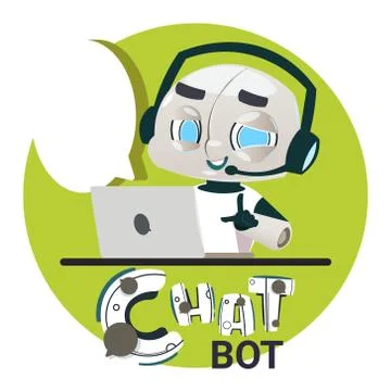 Chatbot Robot Icon Chatter Bot Answer Users Questions Using Laptop Computer Stockillustratie