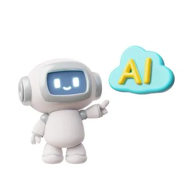 Chatbot robot points to cloud with AI text realistic 3D vector icon cute Stock Illustration