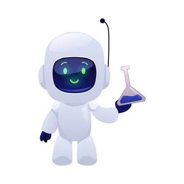 Chatbot robot showing laboratory flask, vector flat, cute Artificial Stock Illustration