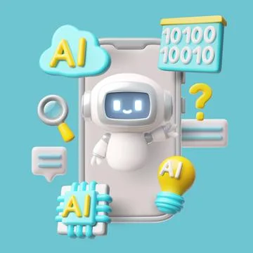 Chatbot robot on smartphone screen, text box, magnifying glass, light bulb Illustrazione stock