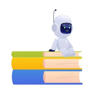 Chatbot robot smiling and sitting on stack of books vector flat illustration Stock Illustration
