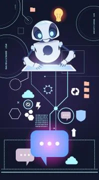 Chatbot Robot Technology, Chatter Bot Answer Questions Using Digital Tablet Stock Illustration