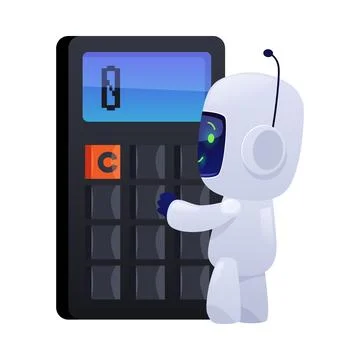 Chatbot robot uses calculator, vector flat cute Artificial intelligence machine Illustrazione stock