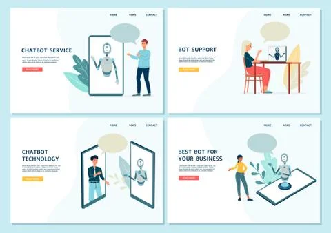 Chatbot service and virtual assistant web banners set flat vector illustration. Stock Illustration