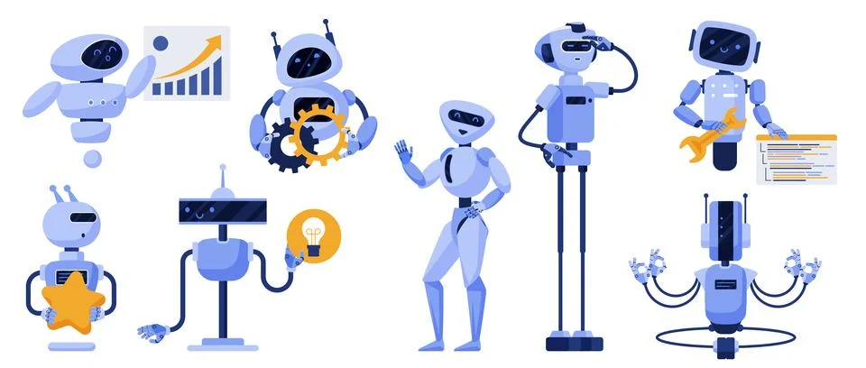 Chatbot set with AI characters, blue advanced robots with various gestures and Stock Illustration