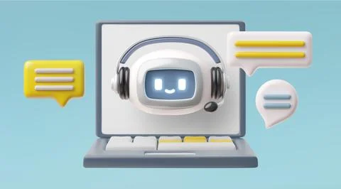 Chatbot support, 3D robot head on laptop with speech bubbles. Stock Illustration