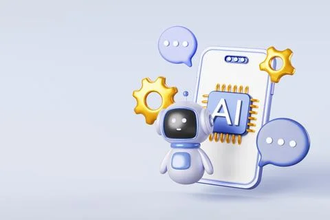 Chatbot technology 3d banner. Mobile phone with ai chip icon on screen, robot Illustrazione stock
