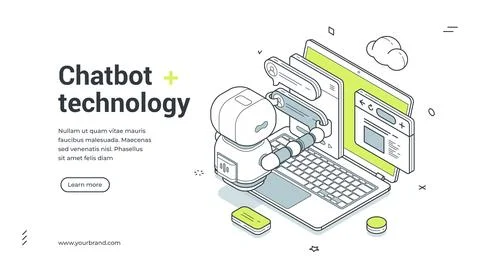 Chatbot technology isometric banner. Robot for customer support and online se 스톡 일러스트