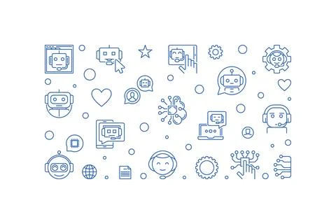 Chatbot Technology line horizontal banner. Vector Chatter Bot illustration Stock Illustration