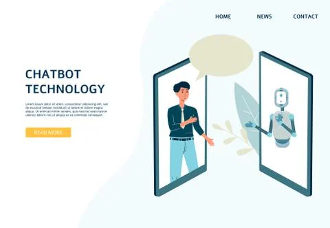 Chatbot technology website banner with robot android flat vector illustration. 스톡 일러스트