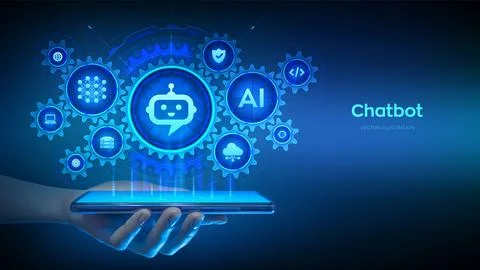 Chatbot. Using Chatbot app on smartphone. Smart assistant. Chatbot assistant  Stock Illustration