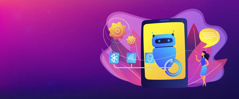 Chatbot virtual assistant via messaging concept banner header. Ilustração Stock