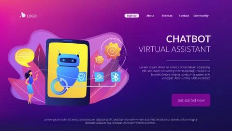 Chatbot virtual assistant via messagingconcept landing page. Stock Illustration