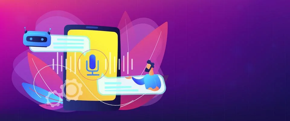 Chatbot voice controlled virtual assistant concept banner header. Ilustração Stock