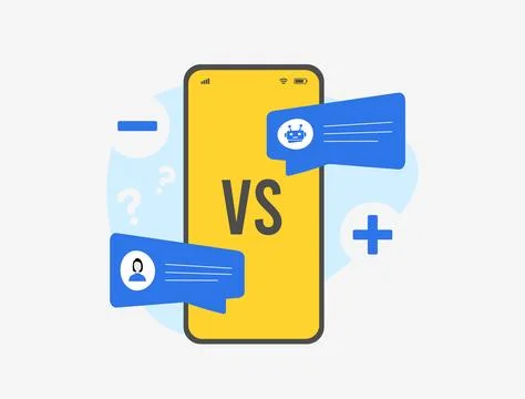 Chatbot vs Real Time Live Chat concept. Pros and Cons for Business. Live chat Stock Illustration