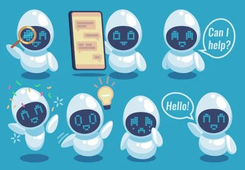 Chatbots. Friendly robot online helper, artificial intelligence communication Stockillustratie
