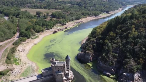 Château de la Roche : Vue aérienne du château entouré par la Loire Stock Footage 330409253