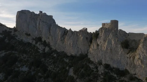 Chateau De Peyrepertuse on top of dramatic rock face Stock Footage 102518524