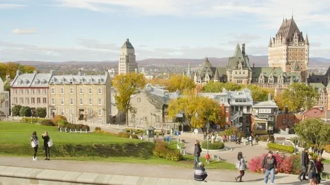 Chateau frontanac Quebec City Canada with tourists -October 6th 2016 Stock Footage
