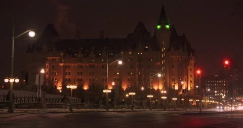 The Chateau Laurier on a Snowy Night Stock Footage