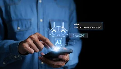 ChatGPT with AI, Artificial Intelligence. Man using a smartphone chatting. Foto stock
