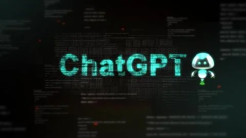 Chatgpt animation with chatbot robot. Programming code language in background Stockillustratie