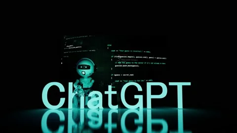 Chatgpt animation with chatbot robot sitting with hand on text and chill. Pr Stock Footage 233110686