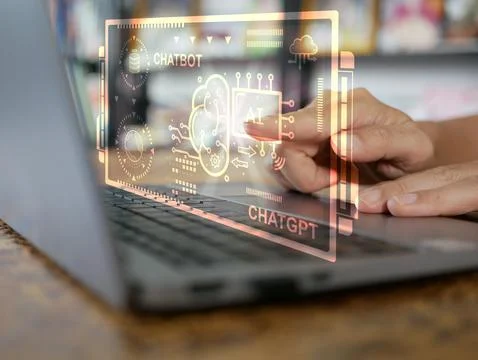 ChatGPT, artificial intelligence chatbot. Finger activates chatting with a .. Foto stock
