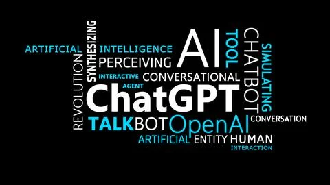 Chatgpt bot tag cloud word text blue white on black background Illustrazione stock