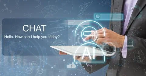 ChatGPT Chat with AI or Artificial Intelligence. Young businessman chatting with Stock Photos