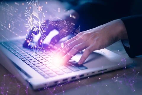 ChatGPT chatting with artificial intelligence or AI. Businessman using note.. Stock Photos