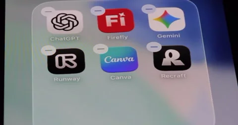 ChatGPT, Firefly, Gemini, Runway, Canva, and Recraft app icons. Stock Footage 341867530