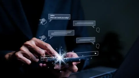 ChatGPT, A man using smartphone chat with an intelligent artificial intelligen. Stock Photos