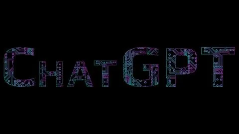 ChatGPT text outline from PCB tracks isolated on black background. Ilustración de archivo