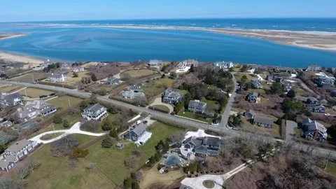 Chatham, Cape Cod Aerial Pan with Harbor and Outer Beach Stock Footage 255739435