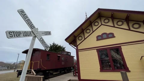 Chatham, Cape Cod Railroad Station and Stop Look Listen Sign Stock Footage 170907925