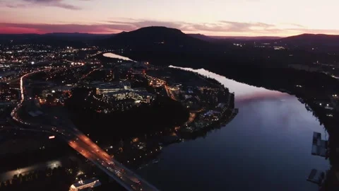 Chattanooga Tennessee Night Drone View Over Riverfront Glowing City Lights Stock Footage 344875973