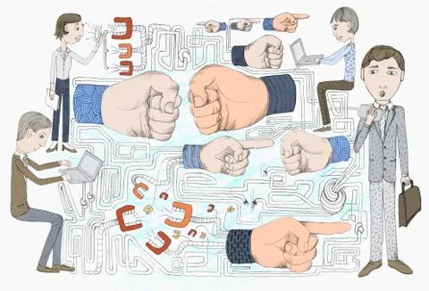 Chattering teeth, human hands gesturing, and people working Stock-Illustration